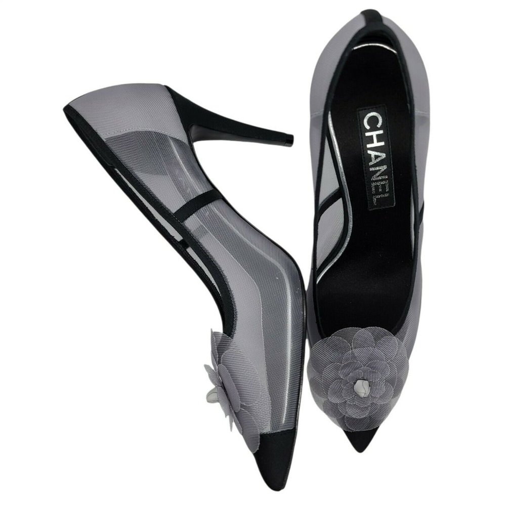 Chanel BNIB Pumps Chantilly Mesh Grosgrain Black Grey Heel Shoes 19P EUR 38.5
